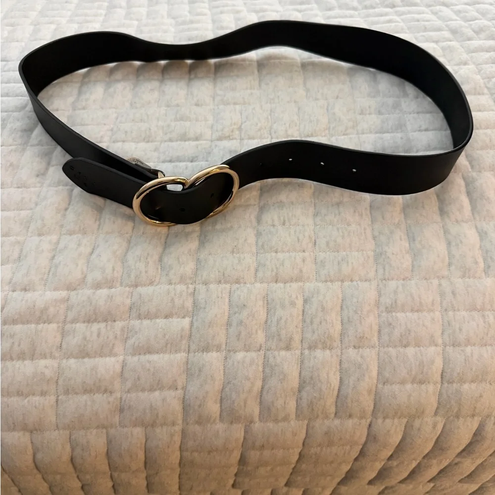 Black Leather Belt with Gold Round Buckle